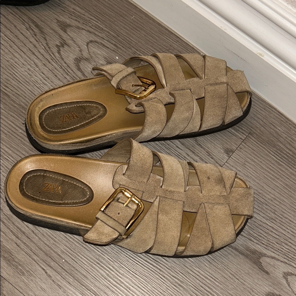 Zara Beige Suede Woven Slide Mules with Gold Buckle